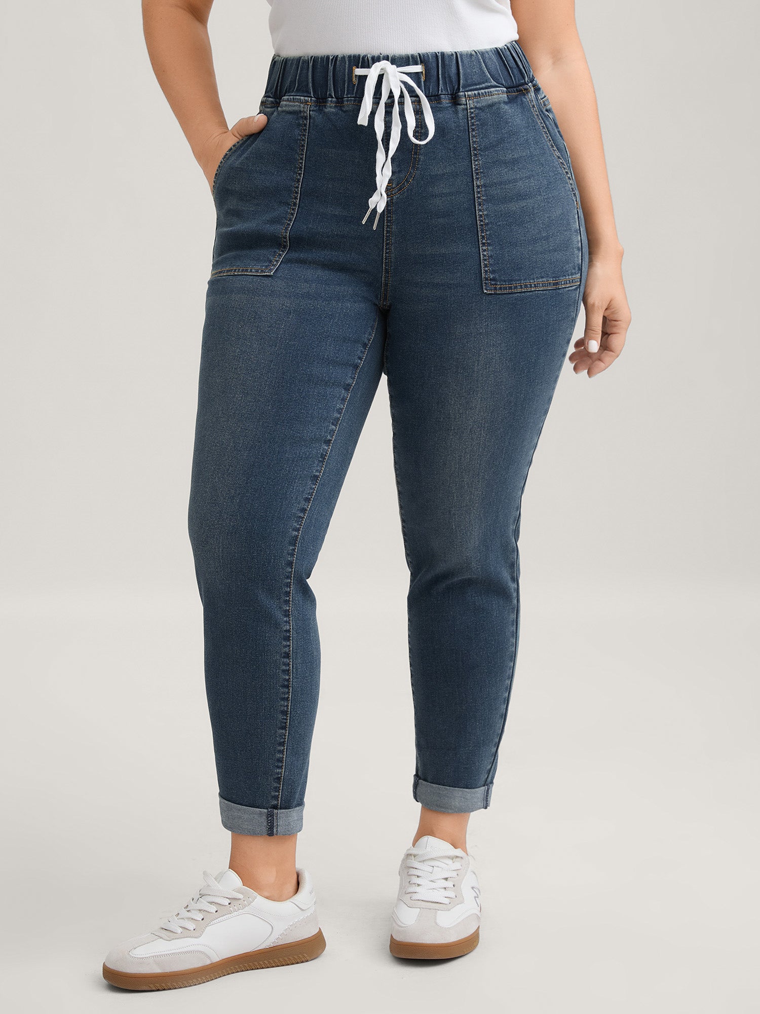 Pull-On Drawstring Folded Hem Boyfriend Jeans - Image 2